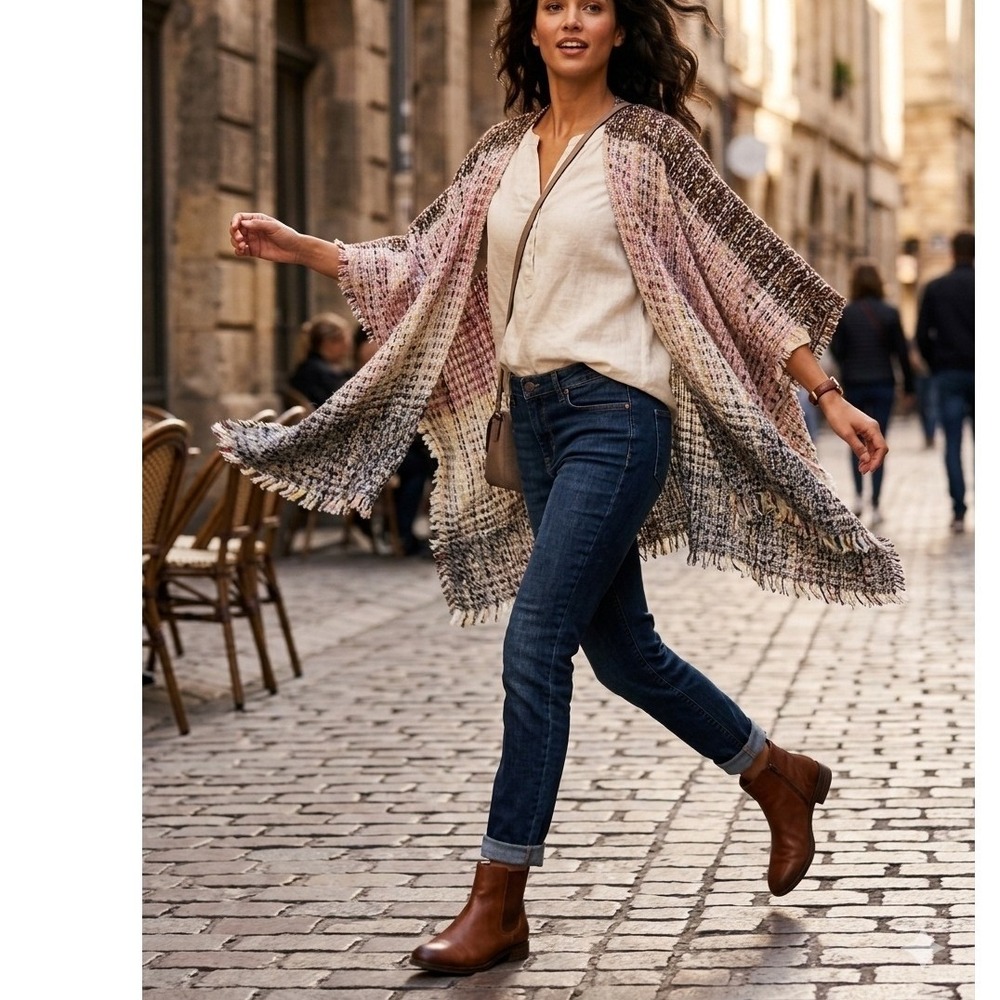 Pinklicious Poncho Shawl Wrap Women One Size Multi-Color New Tweed Fringe